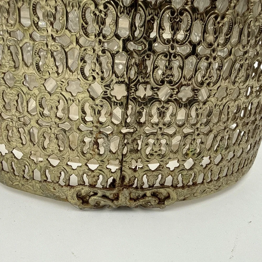 Vintage gold filagree waste basket trash Can Planter Hollywood Regency